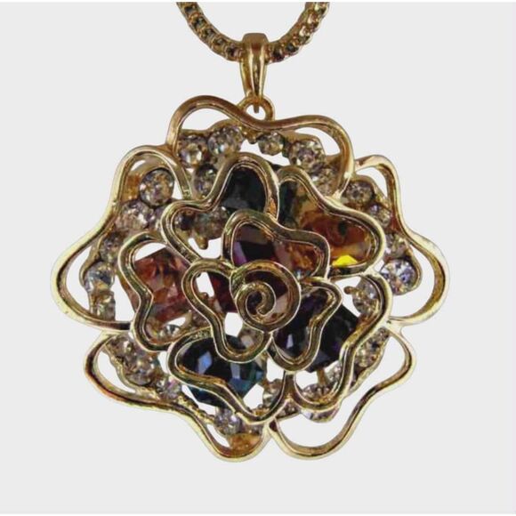 Gold-Tone Crystal Flower Pendant Statement Necklace - Picture 1 of 6